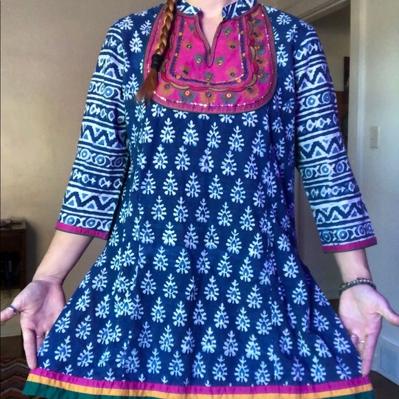 Ethnic Indian Block Print Embroidered Sequin Tunic - Picture 2 of 6
